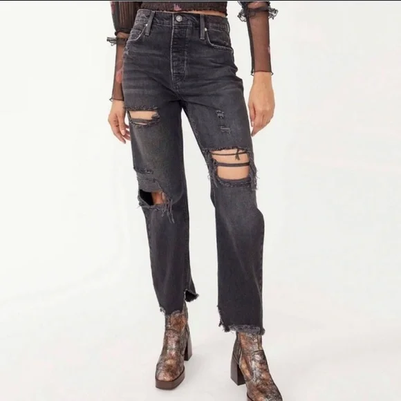 Free People We The Free Black Distressed Denim High Rise Jeans - Picture 1 of 8